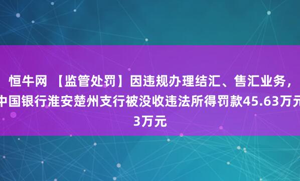 恒牛网 【监管处罚】因违规办理结汇、售汇业务,中国银行淮安楚州支行被没收违法所得罚款45.63万元
